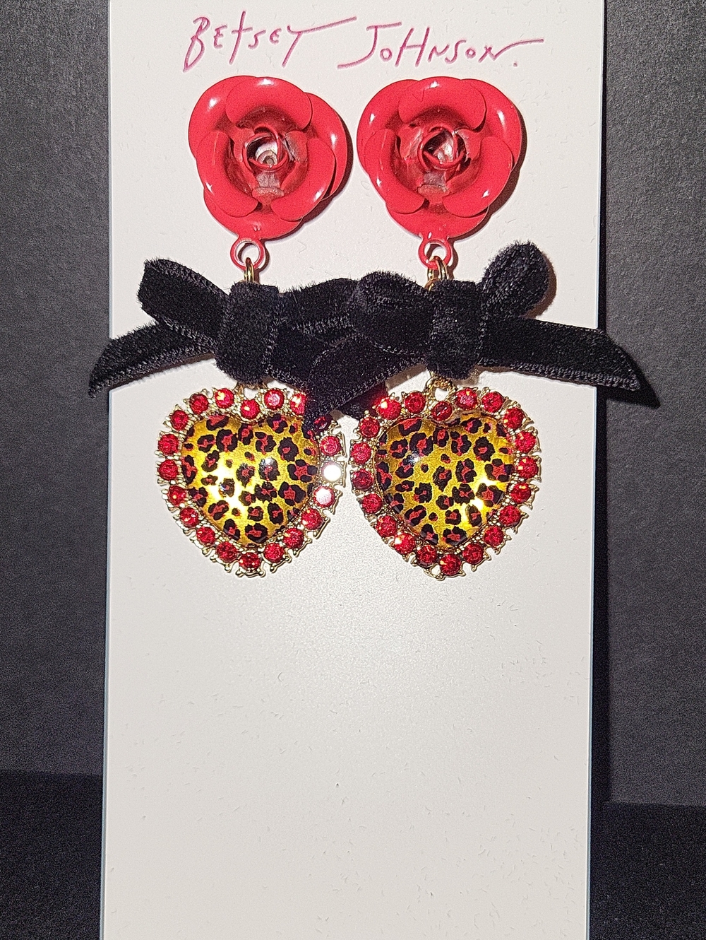 Betsey Johnson Red Rose & Leopard Heart Drop Earrings with Black Bow